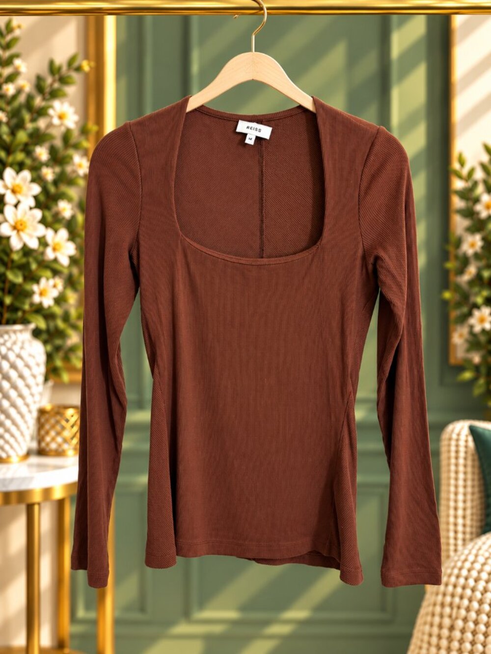 Reiss Dalia Brown Ribbed Square Neck Long Sleeve Top Size M